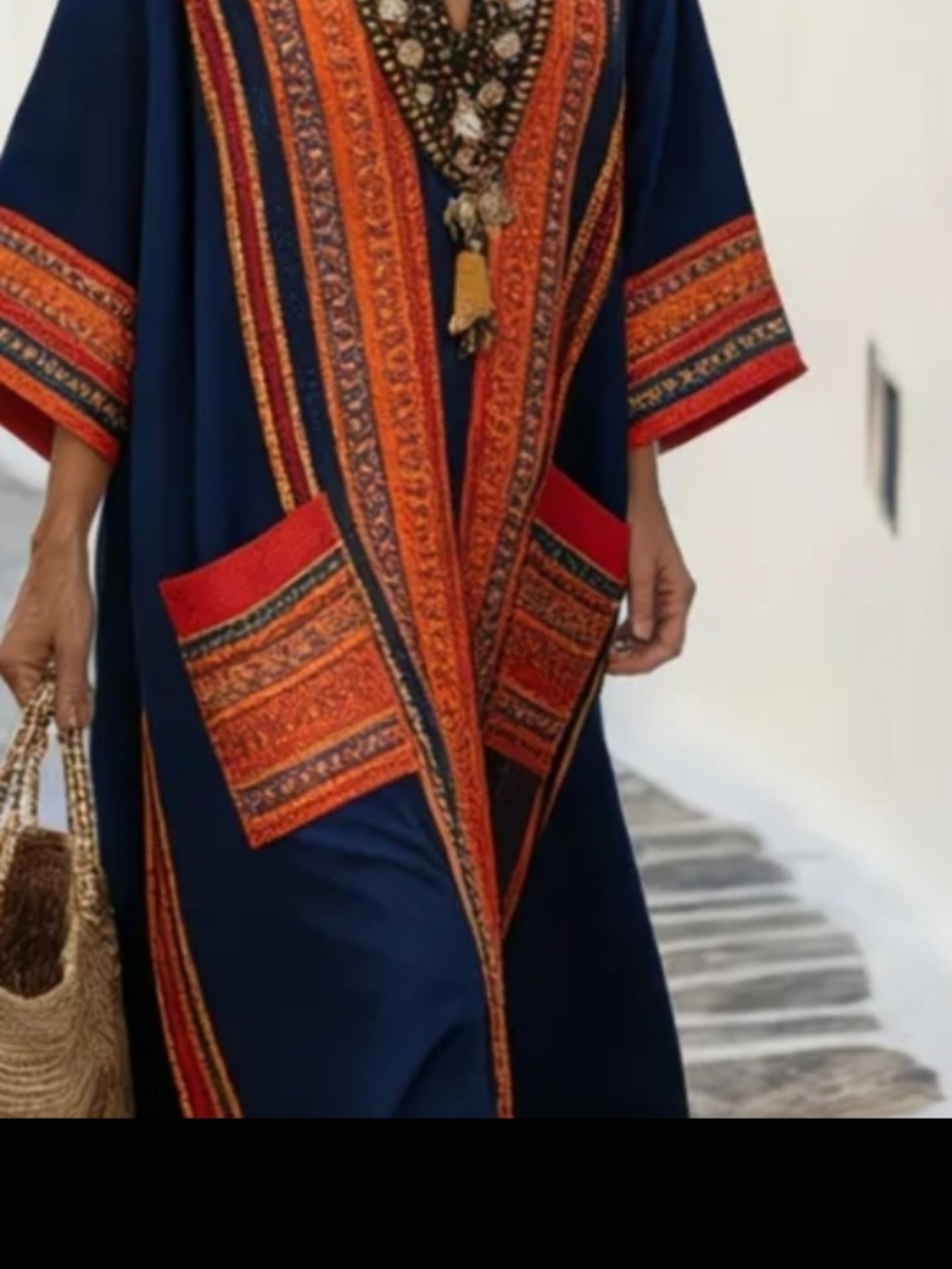 Bohemian Navy Caftan with Orange Embroidered Trim